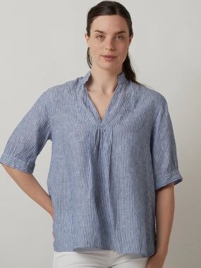BERGFABEL The Tyrol Top In Grey Brown Men's Stripe Linen V-Neck Blouse Italy XS